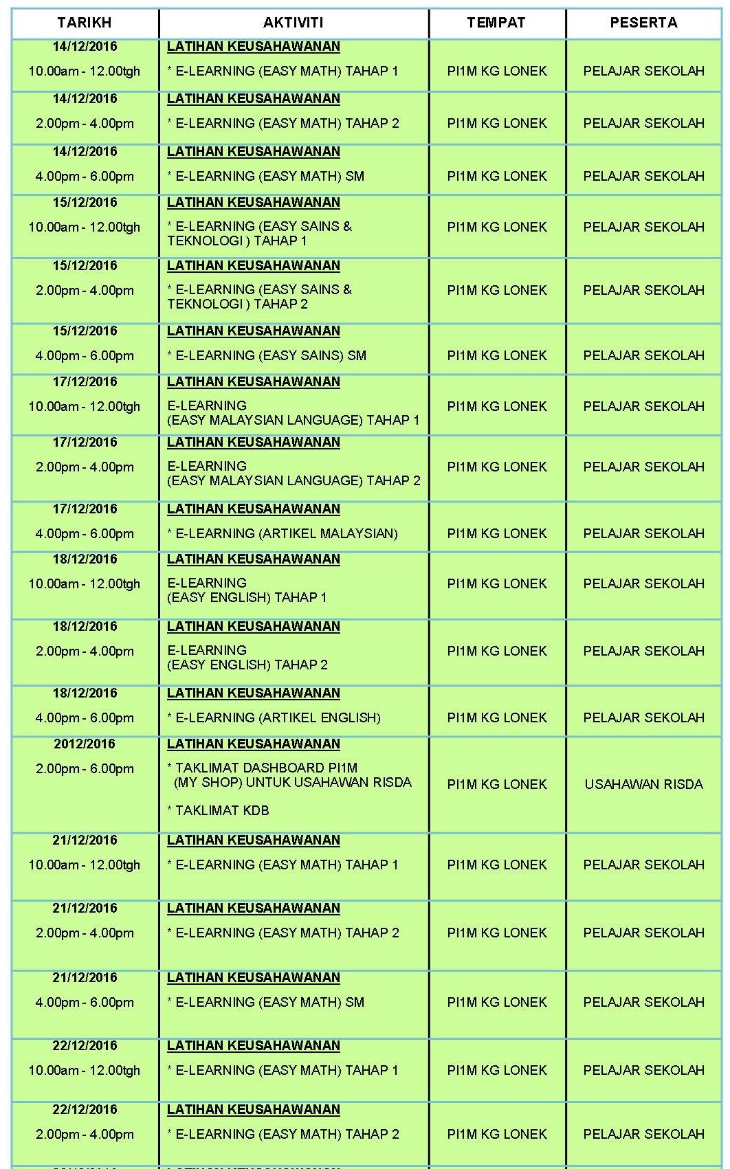 JADUAL DISEMBER 2016 - 2