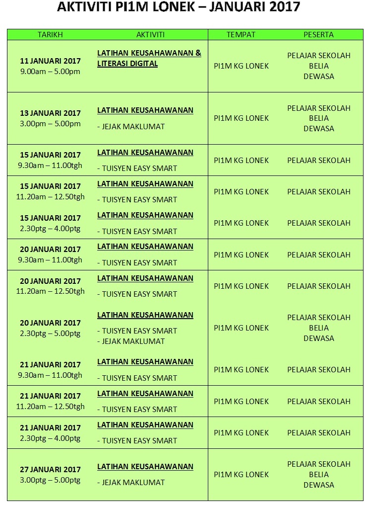 JADUAL AKTIVITI JANUARI 2017
