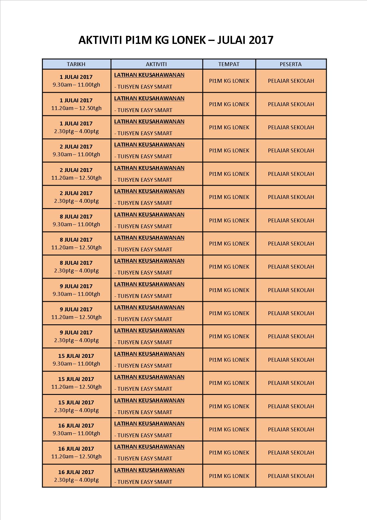 JADUAL AKTIVITI JULAI 2017